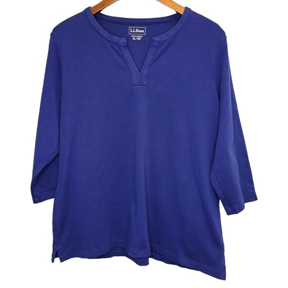 L.L. Bean Women's XL Petite Blue Splitneck Cotton Three Quarter Sleeve Tunic Tee - Picture 1 of 8